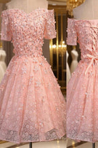 Short A-Line Junior Cute Off Shoulder Full Lace Appliques Beads Sweetheart Lace Up Back Homecoming Dresses