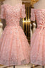 Short A-Line Junior Cute Off Shoulder Full Lace Appliques Beads Sweetheart Lace Up Back Homecoming Dresses