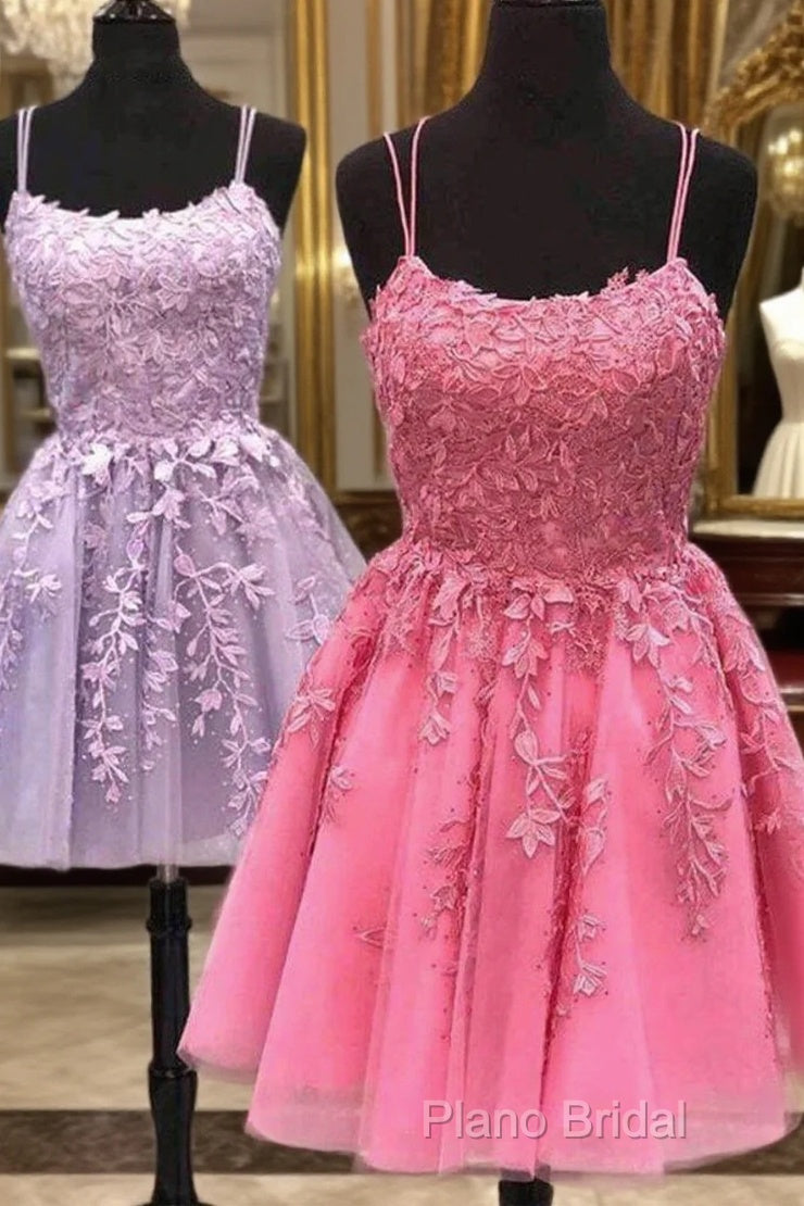 Short A Line Thin Straps Purple/Hot Pink Lace Formal Prom Dresses, Purple/Hot Pink Lace Homecoming Dresses, Lilac/Hot Pink Short Formal Dresses
