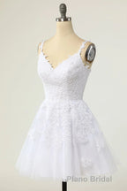 Short A-line V-neck Tulle Lace Backless Formal Prom Dresses white Homecoming Dresses