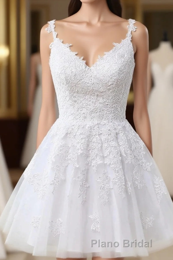 Short A-line V-neck Tulle Lace Backless Formal Prom Dresses white Homecoming Dresses Main image
