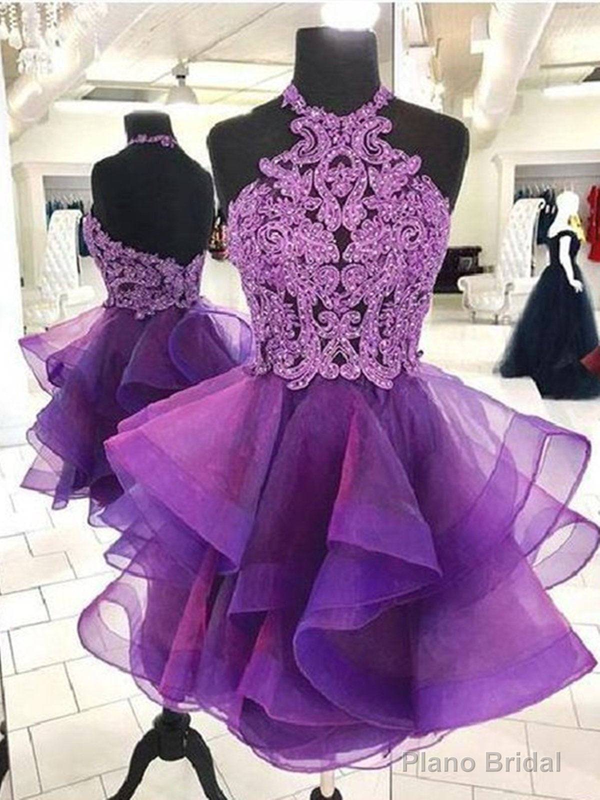 Short Backless Purple Organza Lace Prom Dresses, Short Purple Lace Formal Homecoming Dresses
