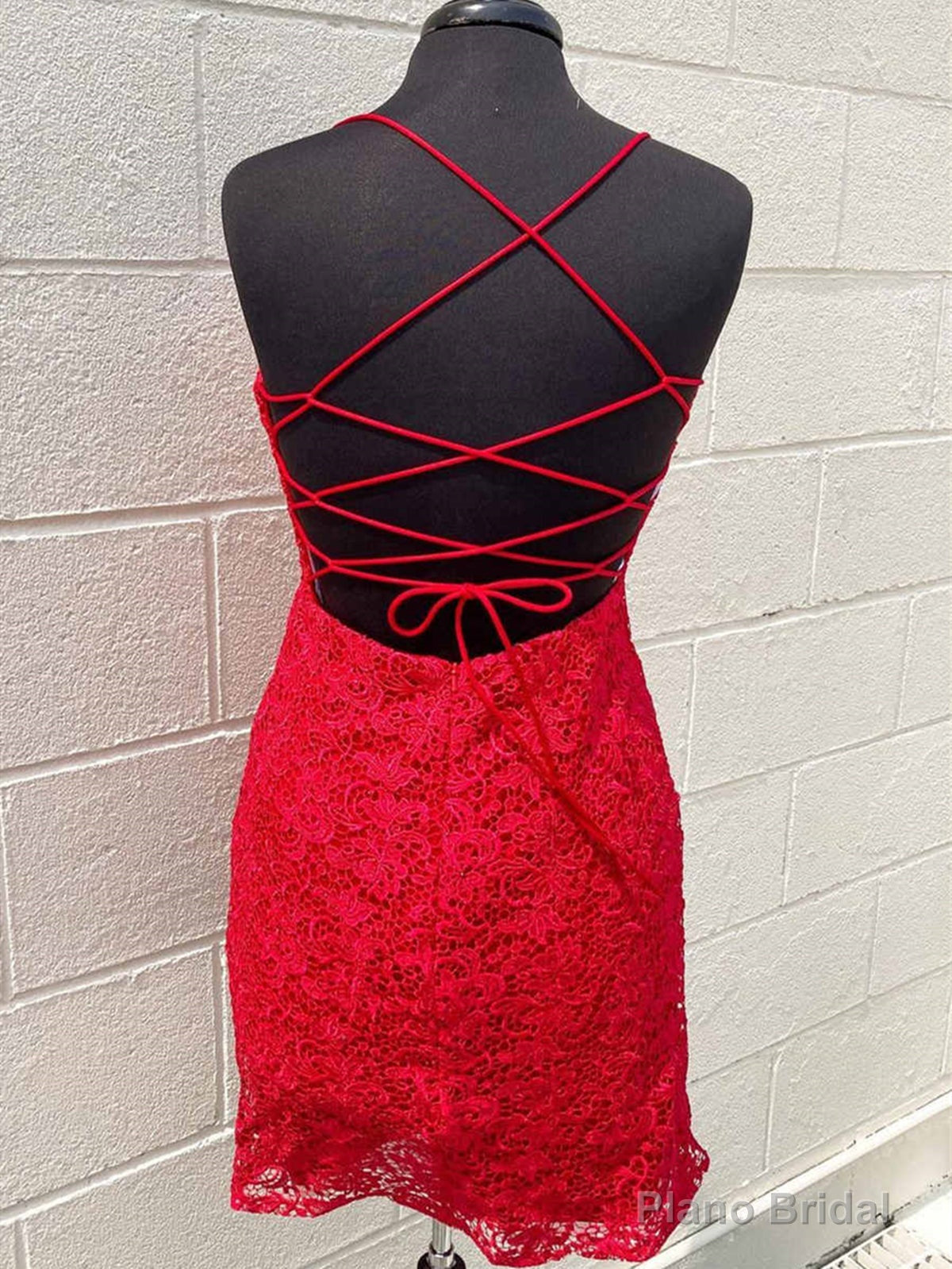 Short Backless Red Lace Prom Dresses, Open Back Short Red Lace Formal Homecoming Dresses Main image
