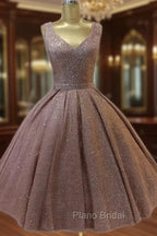 Short Ball Gown Formal Prom Homecoming Dresses Sequins V Neck