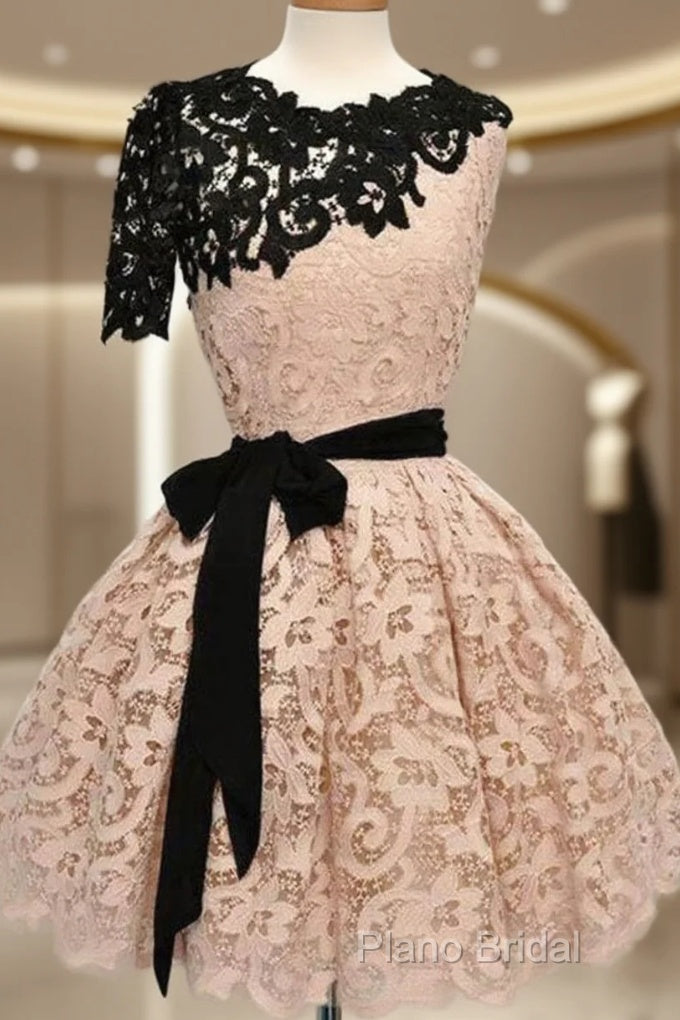 Short Black Champagne Lace Formal Prom Dresses, Short Black Champagne Lace Graduation Homecoming Dresses