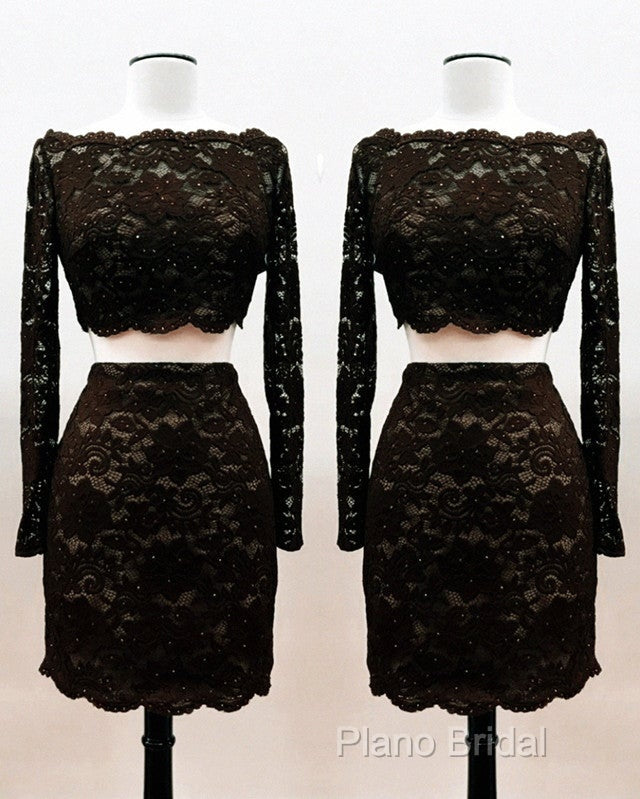 Short Black Lace Two Piece Formal Prom Dresses