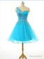 Short Blue Cocktail Dresses Tulle Beaded Knee Length Cocktail Dress