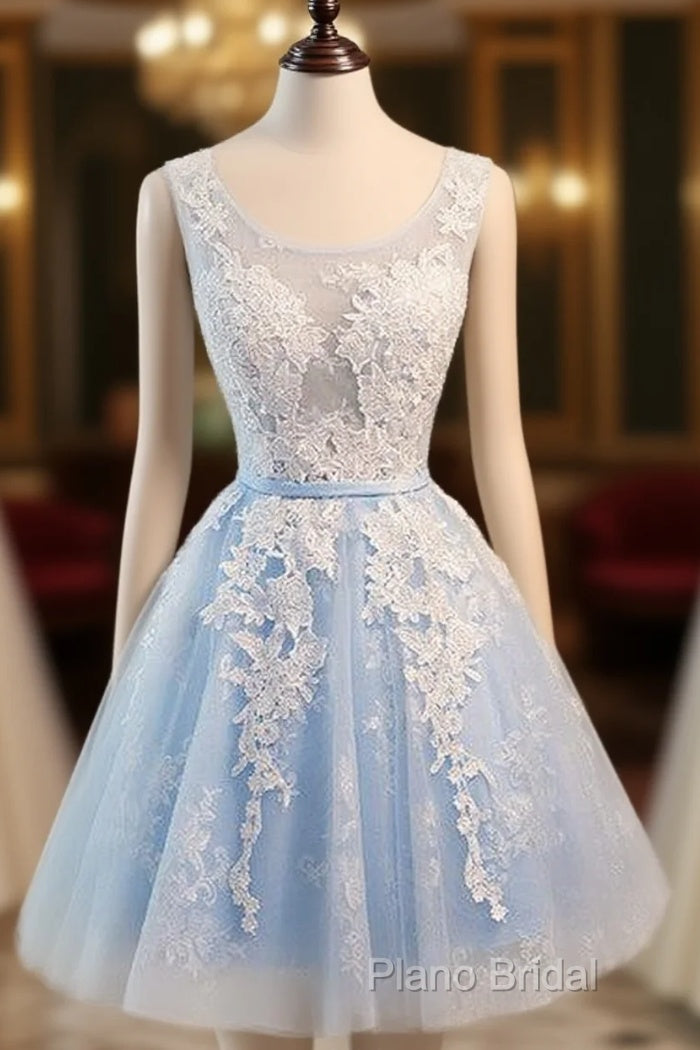 Short Blue Floral Prints Appliques Sleeveless Scoop Neckline Lace Up Back For Teen Lovely Homecoming Dresses Main image