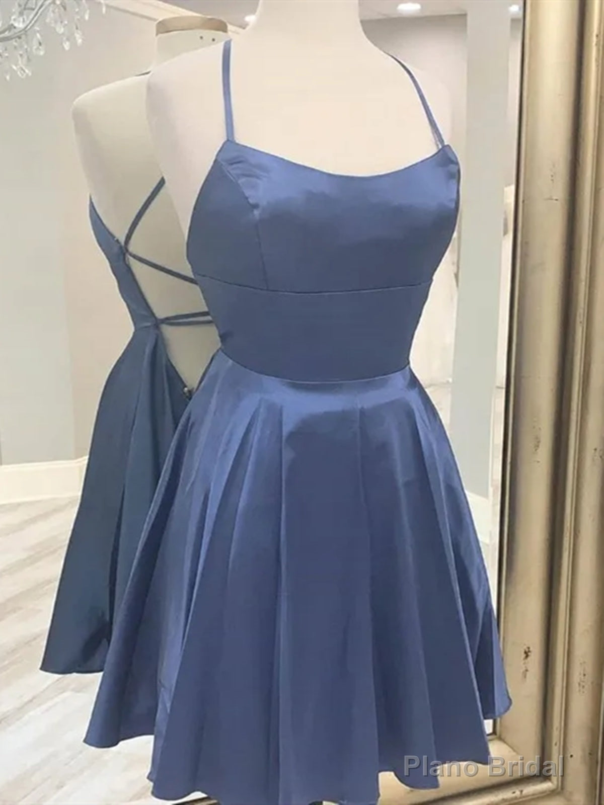 Short Blue Gray Backless Prom Dresses, Open Back Blue Gray Short Formal Homecoming Dresses Main image