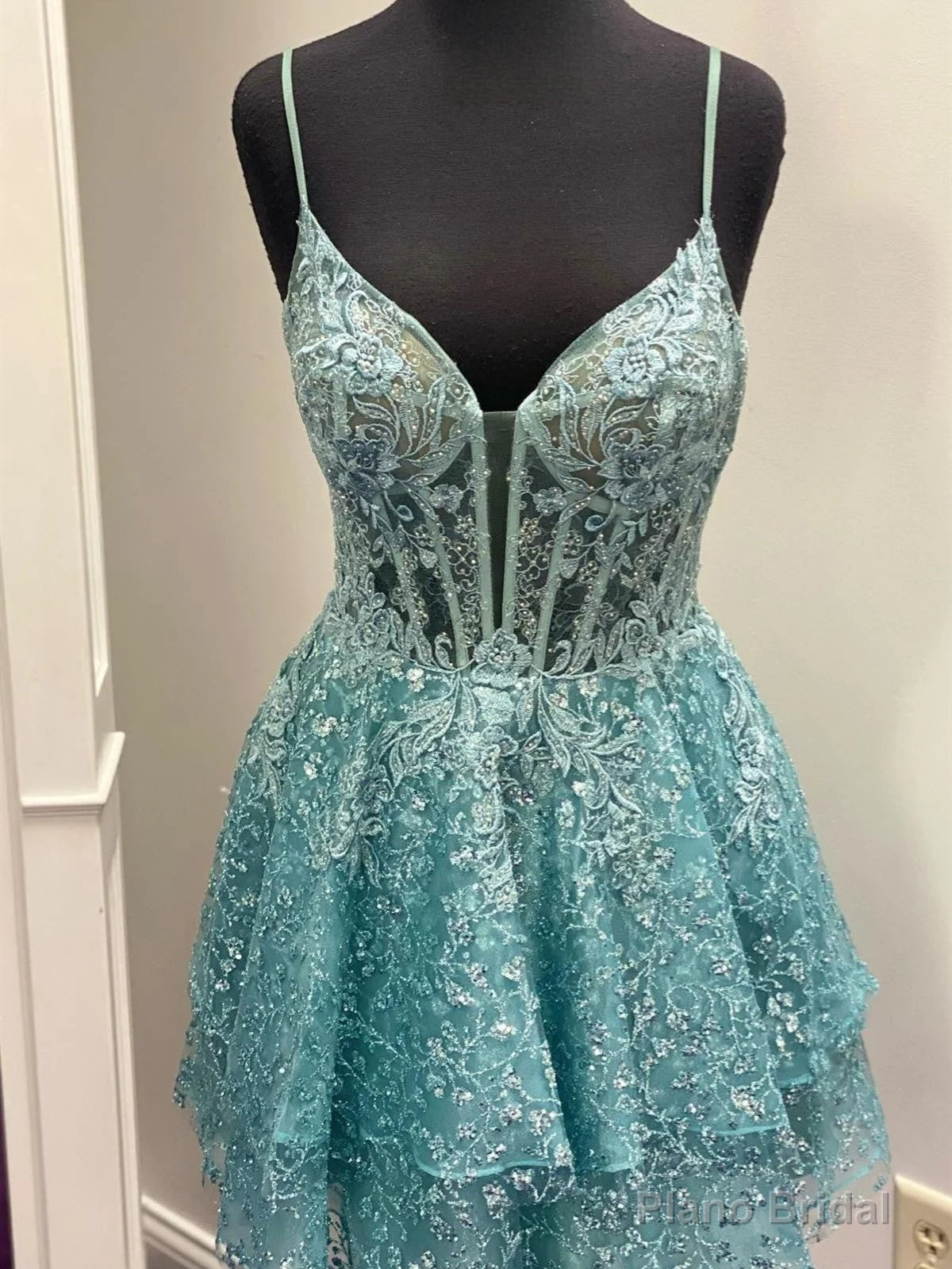 Short Blue Lace Prom Dresses, Short Blue Lace Formal Homecoming Dresses Main image