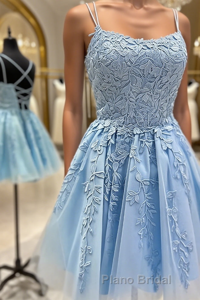 Short Blue Lace Formal Prom Dressses, Short Blue Lace Formal Homecoming Dresses Main image