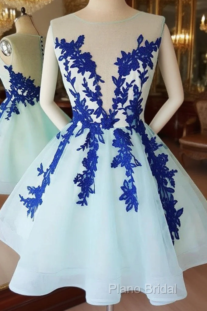 Short Blue Lace Tulle Formal Prom Dresses, Short Blue Lace Homecoming Graduation Dresses Main image