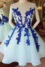 Short Blue Lace Tulle Formal Prom Dresses, Short Blue Lace Homecoming Graduation Dresses