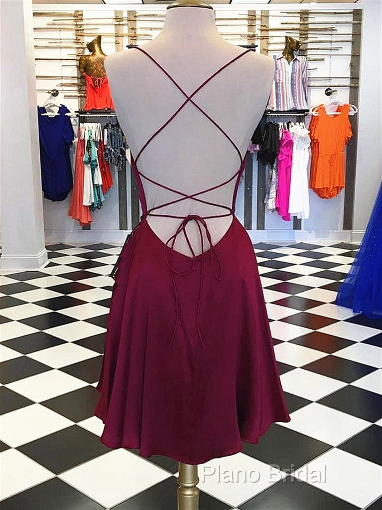 Short Burgundy Backless Formal Prom Dresses, Short Burgundy Backless Formal Graduation Homecoming Dresses