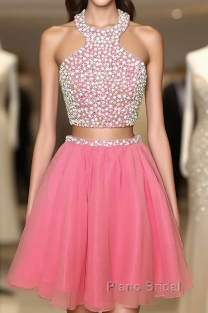 Short Candy Pink Homecoming Dresses Pearl Beaded Halter Main image