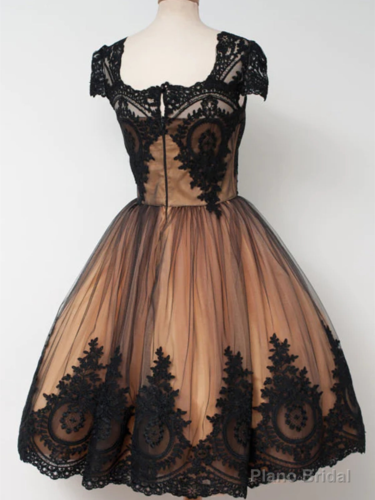 Short Cap Sleeves Black Lace Prom Dresses, Short Black Lace Graduation Homecoming Dresses