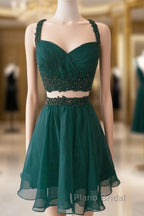 Short Chiffon Two Piece Dresses Applique Open Back
