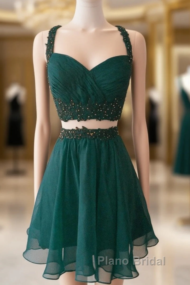 Short Chiffon Two Piece Dresses Applique Open Back