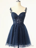 Short Dark Navy Blue Lace Prom Dresses, Dark Blue Lace Formal Homecoming Dress