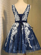 Short Dark Navy Blue Prom Dress with White Lace, Short Dark Navy Blue Graduation Homecoming Dresses