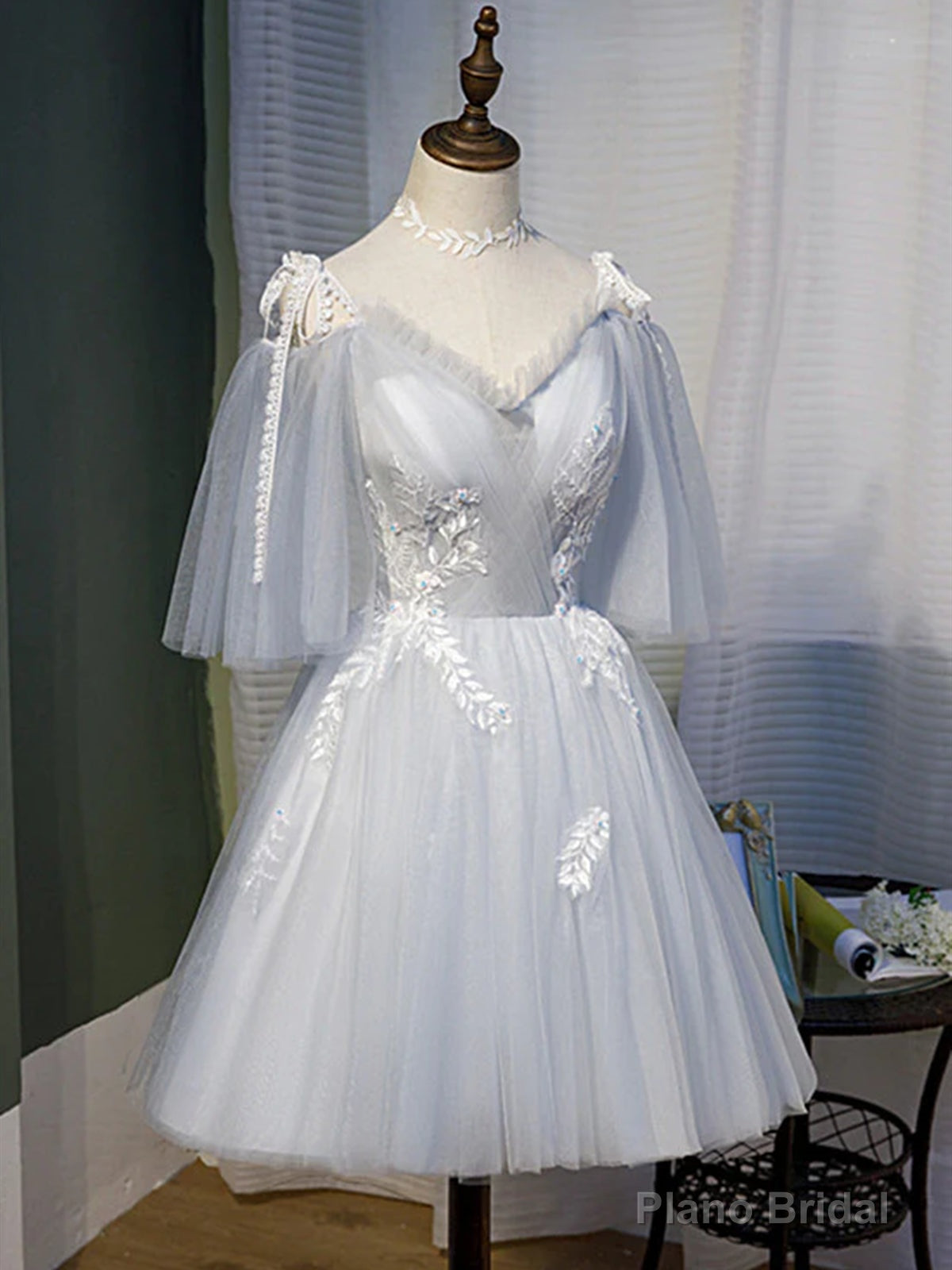 Short Gray Lace Prom Dresses, Short Gray Lace Formal Homecoming Dresses