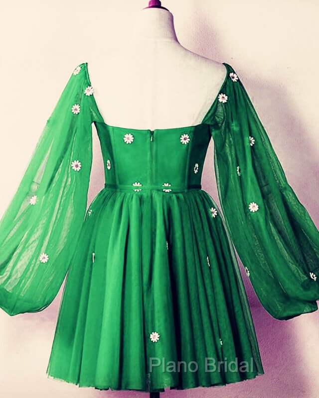 Short Green Puffy Sleeves Dresses With Daisy Flowers