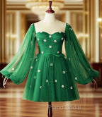 Short Green Puffy Sleeves Dresses With Daisy Flowers