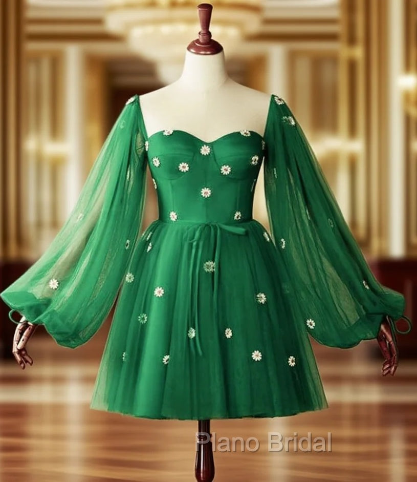 Short Green Puffy Sleeves Dresses With Daisy Flowers
