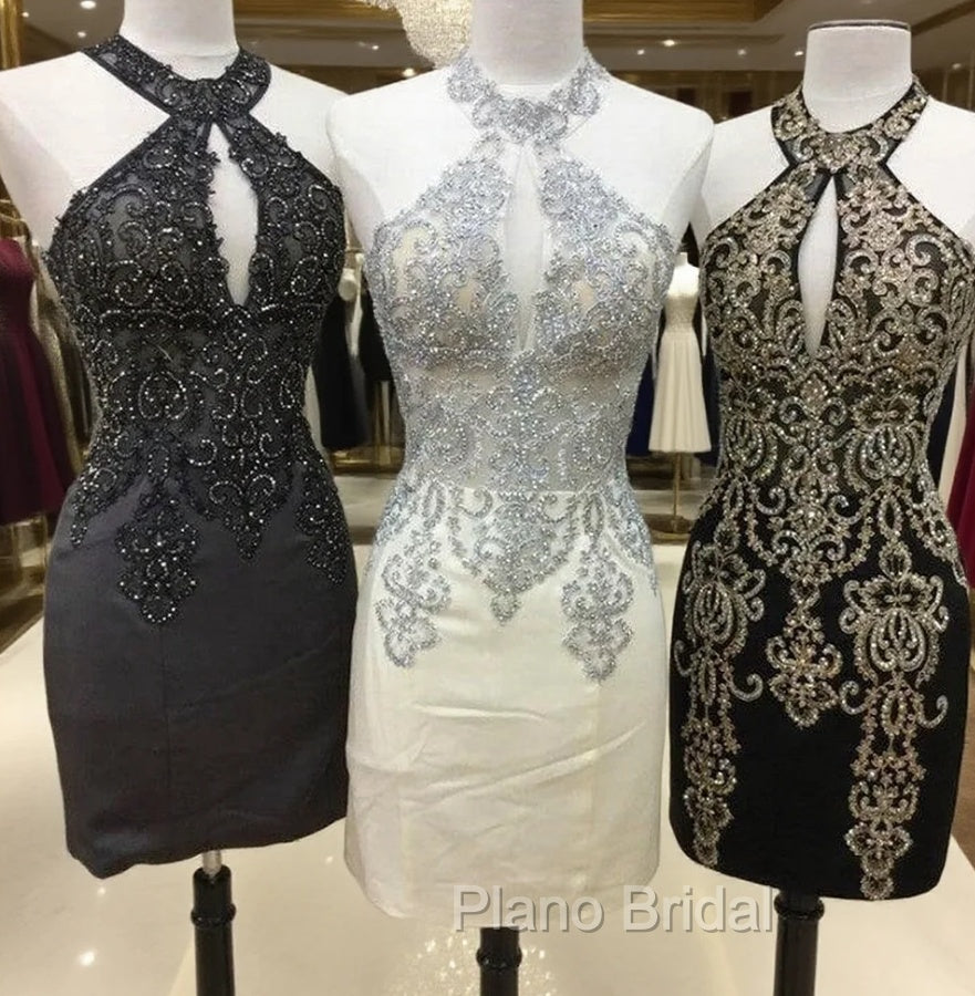 Short Halter Formal Prom Homecoming Dresses Embroidery Beaded