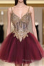Short Homecoming Dresses Burgundy Beads Lace Homecoming Gowns