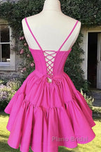 Short Hot Pink Satin Corset Ruffles Dresses