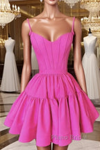 Short Hot Pink Satin Corset Ruffles Dresses