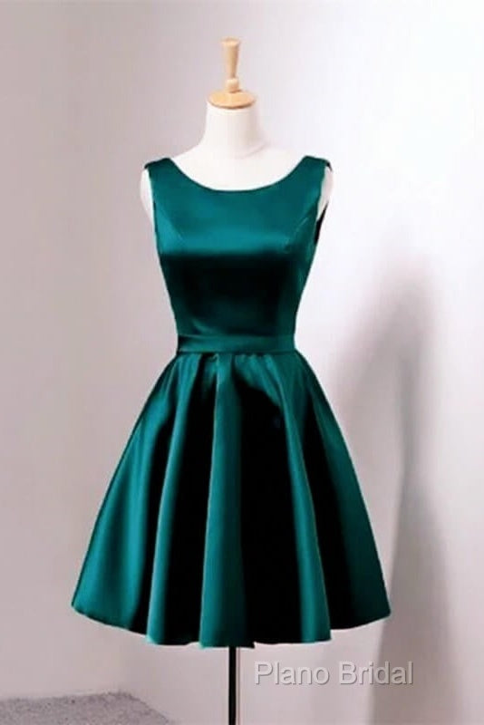 Short Hunter Green Satin Formal Prom Dresses With Bow