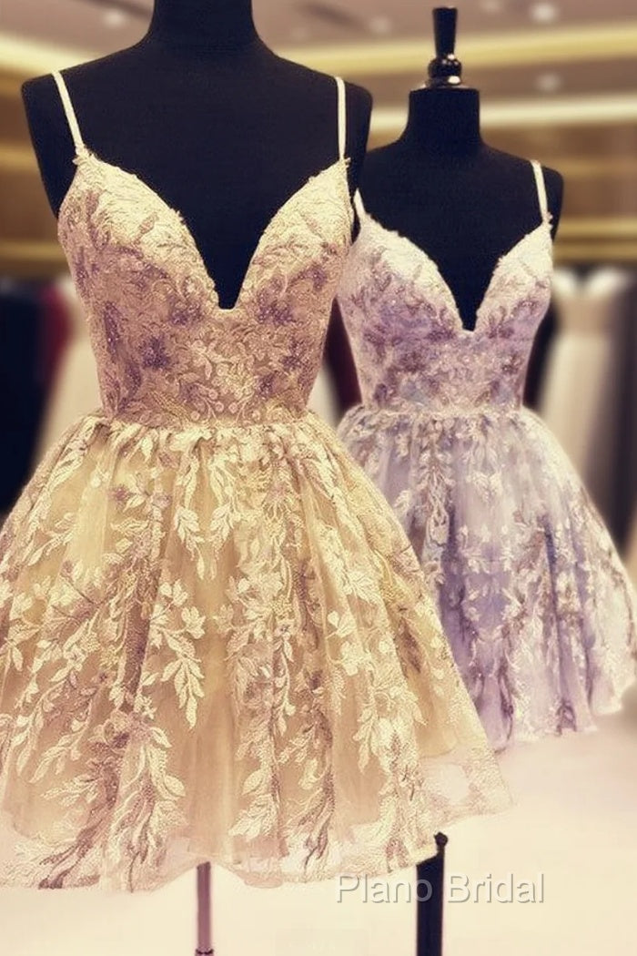 Short Lace Homecoming Dresses V Neck Spaghetti Straps