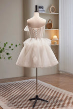 Short Light Champagne Tulle Formal Prom Dresses, Short Champagne Tulle Formal Homecoming Dresses