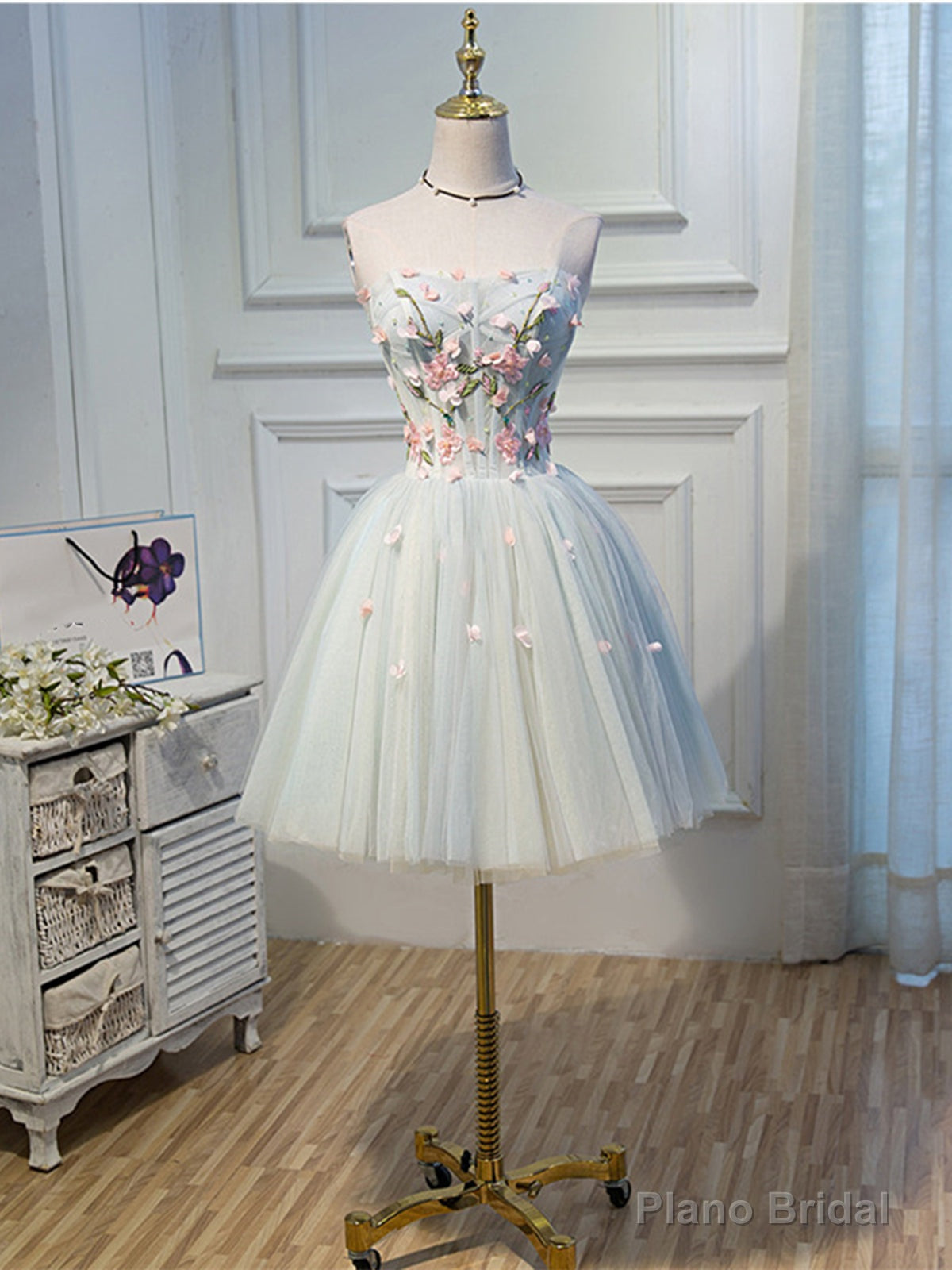 Short Light Green Tulle Prom Dresses, Short Tulle Floral Formal Homecoming Dresses Main image