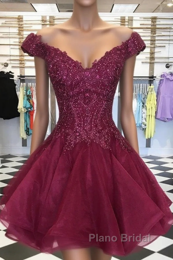 Short Off Shoulder Burgundy Lace Formal Prom Dresses, Off The Shoulder Short Burgundy Lace Formal Homecoming Dresses Main image
