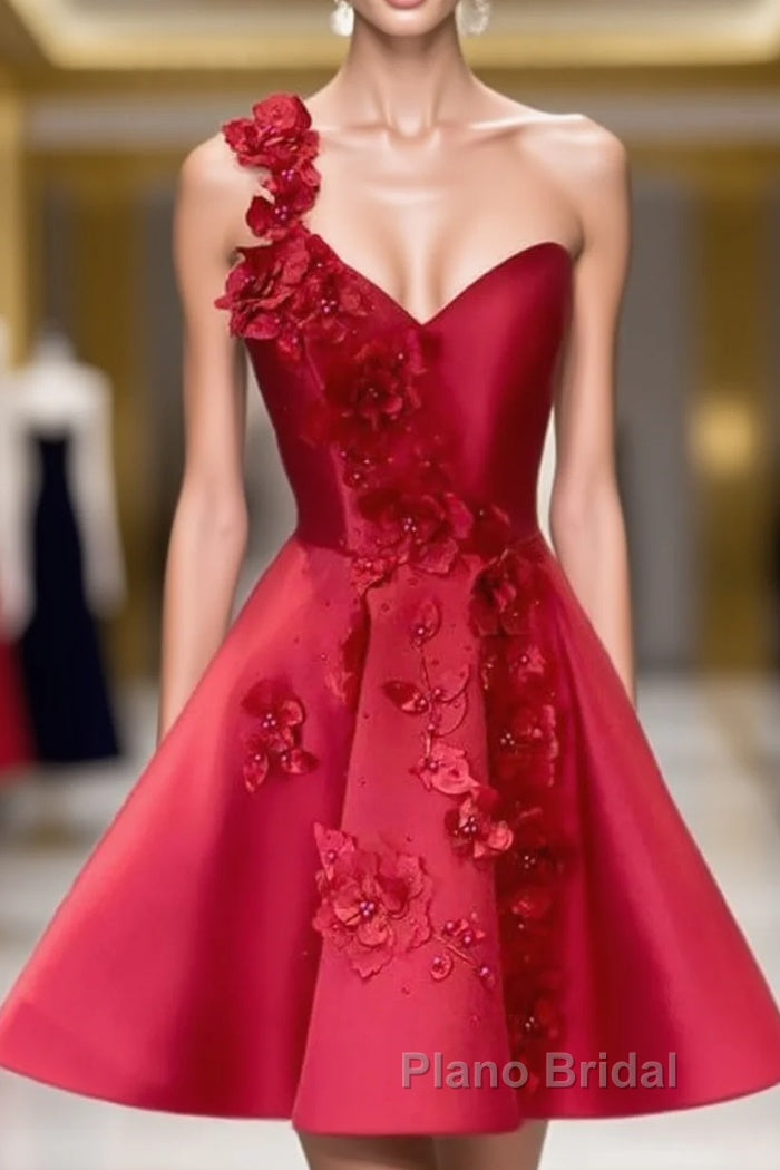 Short One Shoulder Satin Homecoming Dresses With 3D Flowers Main image