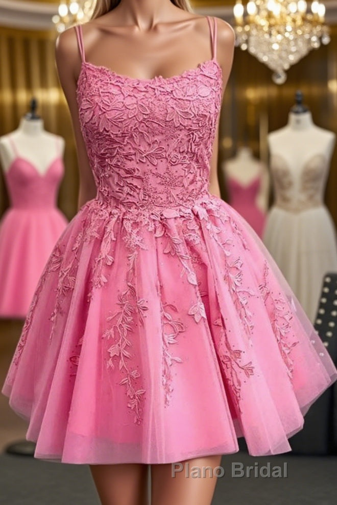 Short Pink Backless Lace Formal Prom Dresses, Short Pink Open Back Formal Homecoming Dresses