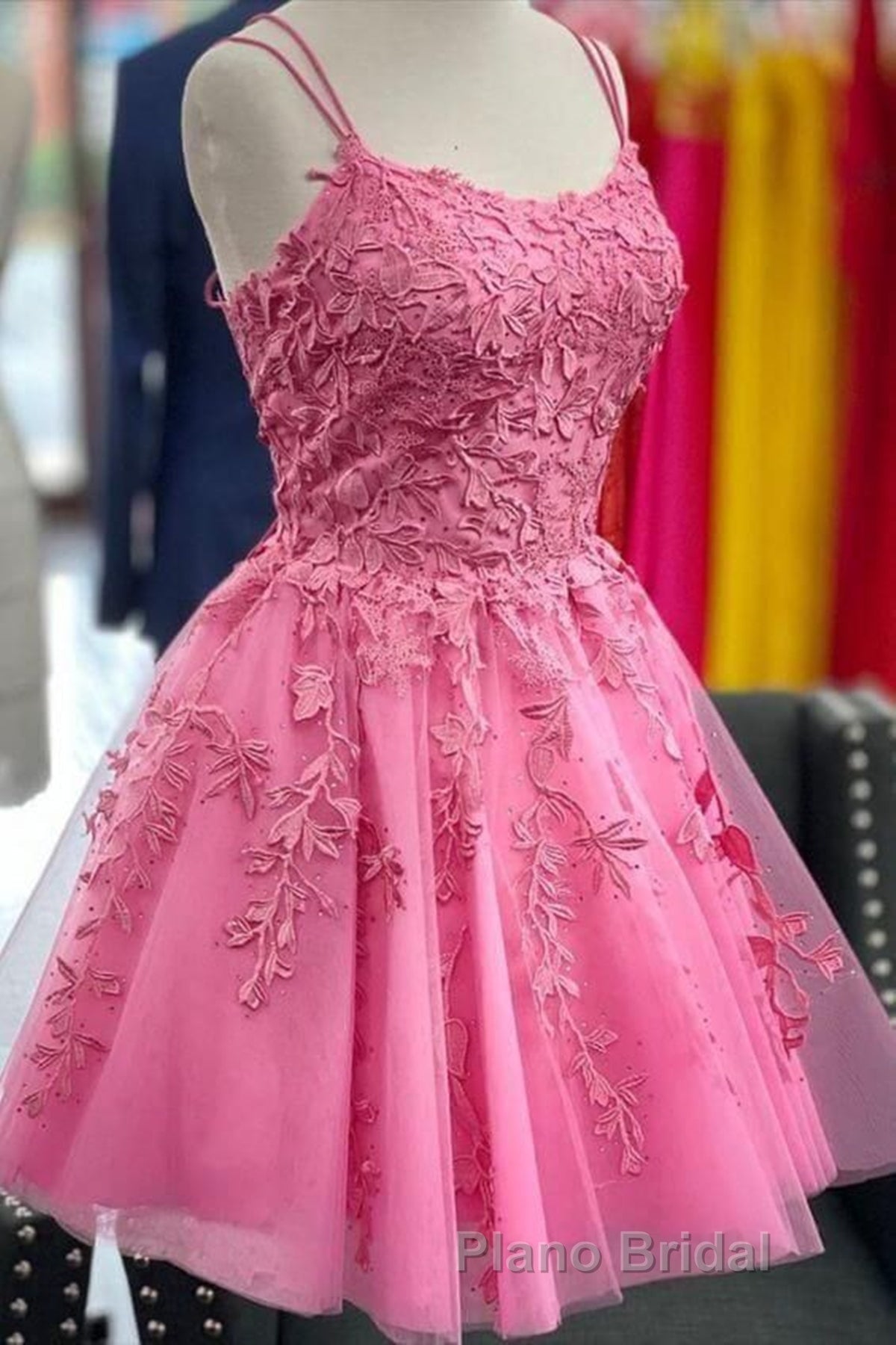 Short Pink Backless Lace Formal Prom Dresses, Short Pink Open Back Formal Homecoming Dresses Secondary image