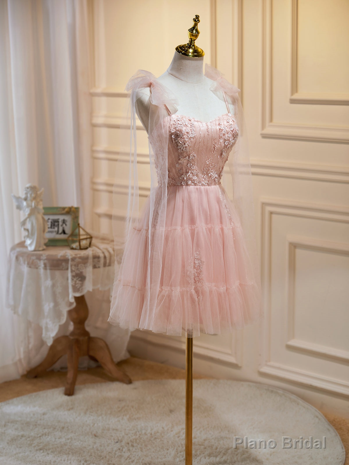 Short Pink Floral Prom Dresses, Short Pink Tulle Floral Formal Homecoming Dresses Secondary image