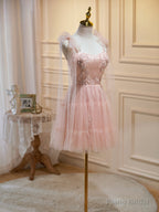 Short Pink Floral Prom Dresses, Short Pink Tulle Floral Formal Homecoming Dresses