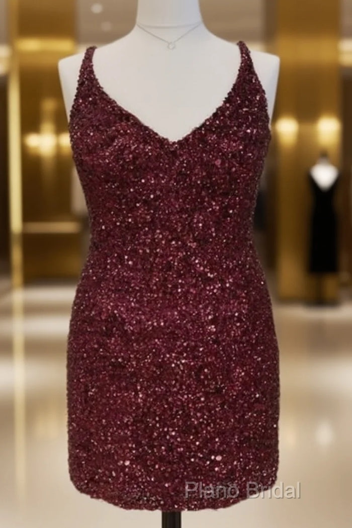 Short Plus Size Burgundy Sequin Dresses Main image