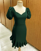 Short Puffy Sleeves Green Sheath Party Dresses