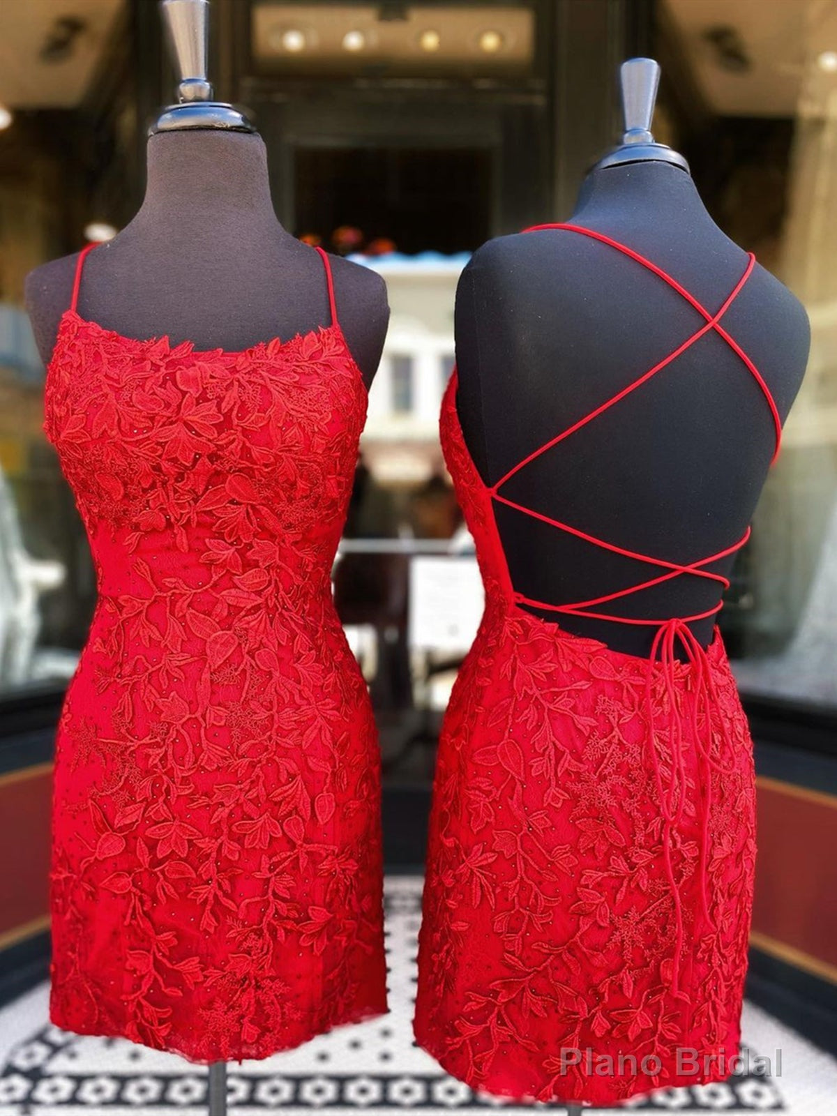 Short Red Backless Lace Prom Dresses, Short Backless Red Lace Graduation Homecoming Dresses Main image