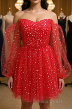 Short Red Long Sleeves Tulle Formal Prom Dresses, Short Red Long Sleeves Formal Homecoming Dresses