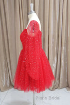 Short Red Long Sleeves Tulle Formal Prom Dresses, Short Red Long Sleeves Formal Homecoming Dresses