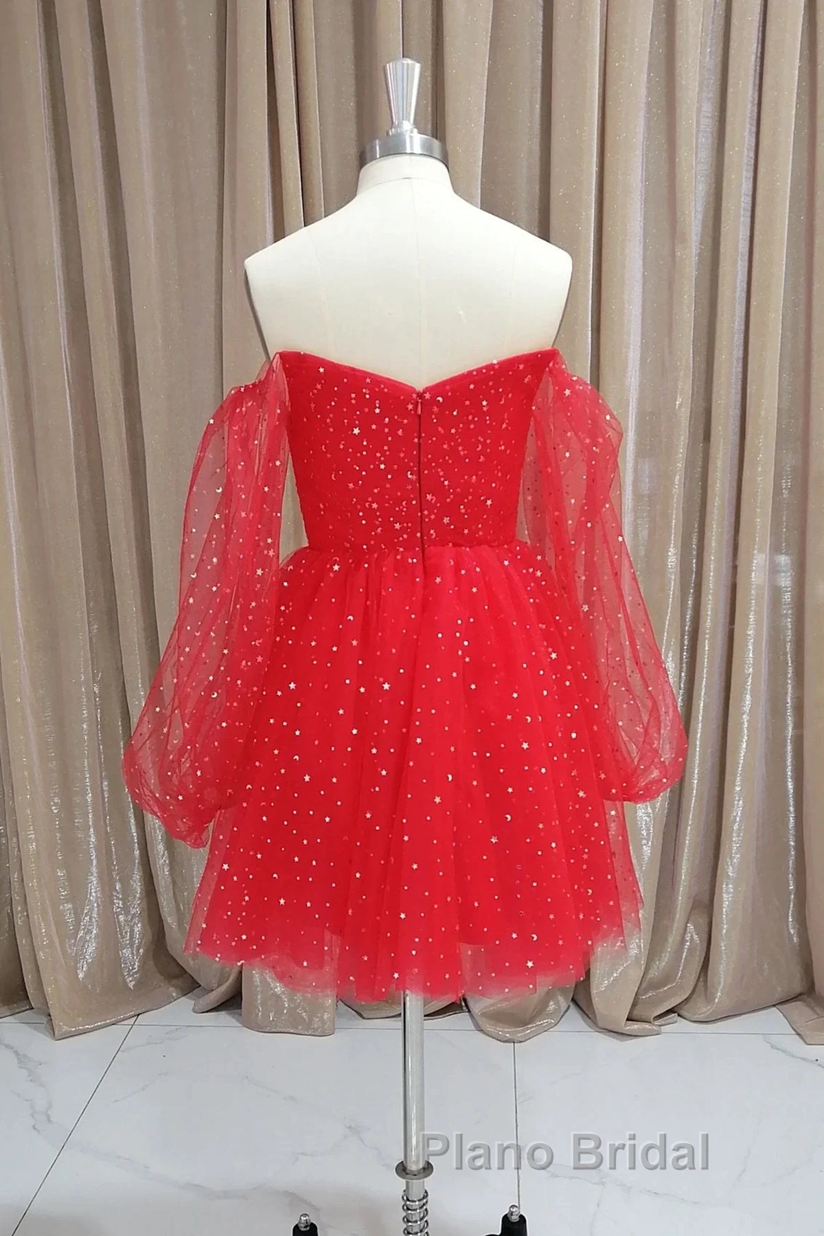 Short Red Long Sleeves Tulle Formal Prom Dresses, Short Red Long Sleeves Formal Homecoming Dresses