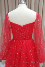 Short Red Long Sleeves Tulle Formal Prom Dresses, Short Red Long Sleeves Formal Homecoming Dresses