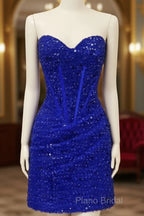 Short Royal Blue Tight Beaded Dresses